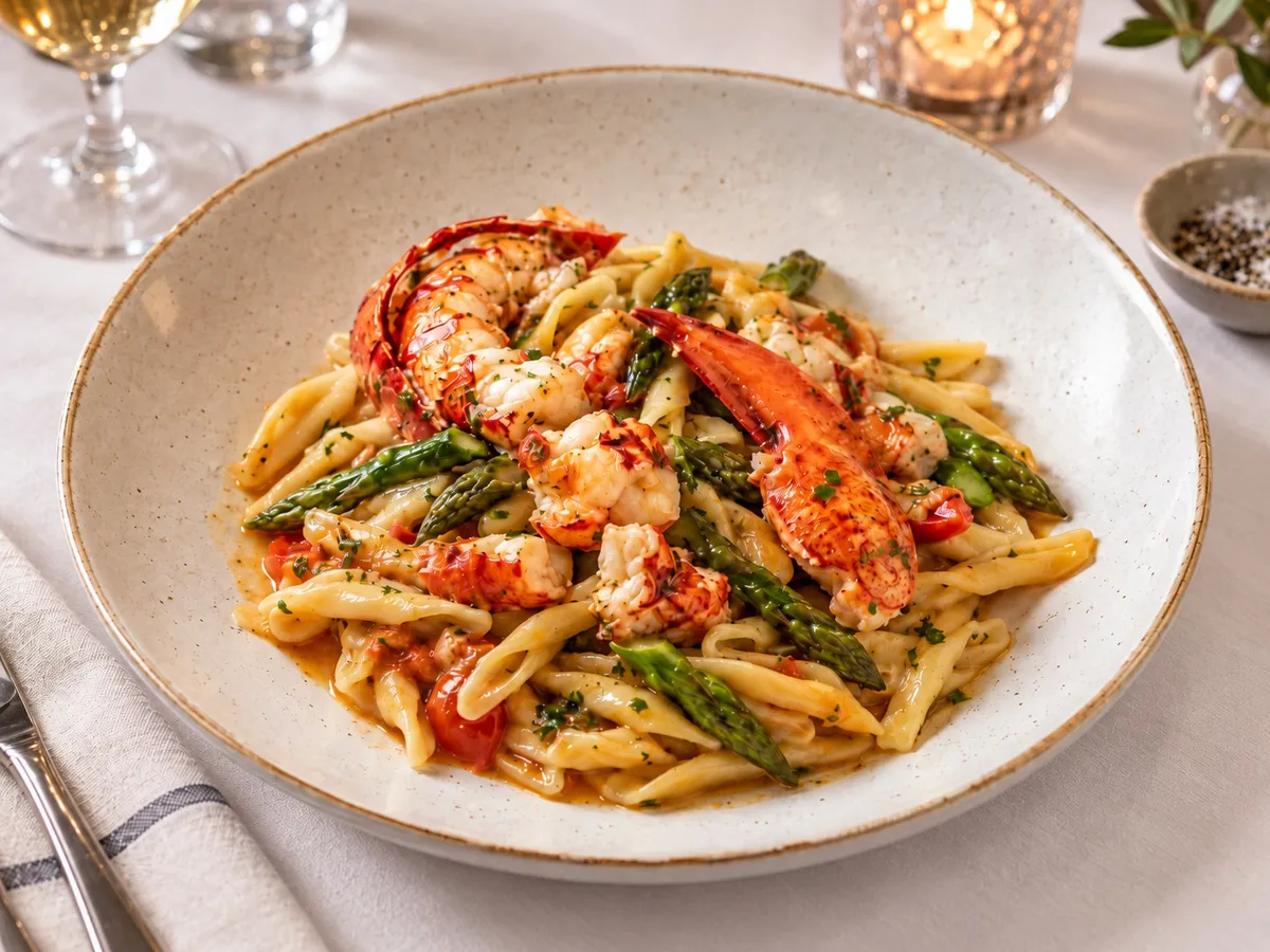 Lobster pasta with asparagus, served with a glass of white wine