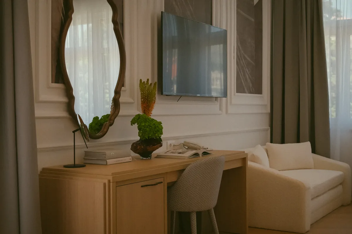 Guest room writing desk and armchair